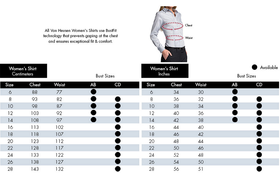 women shirt size chart